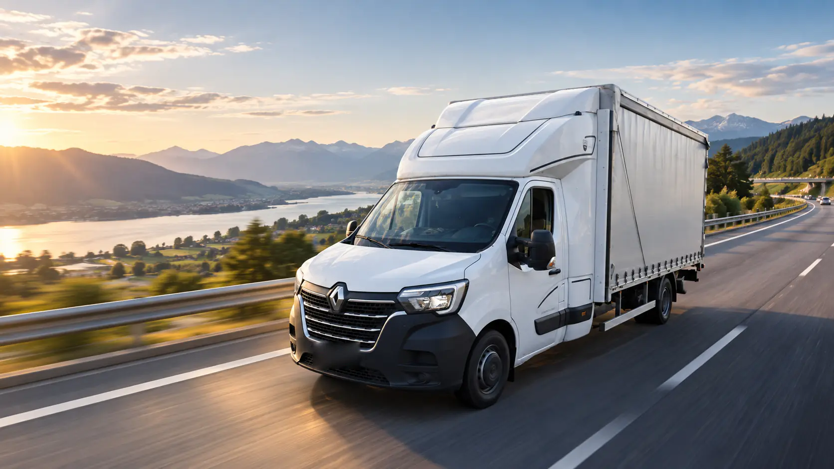 Renault Master 3.5 t GVW curtainsider van on the road, freight transport for businesses